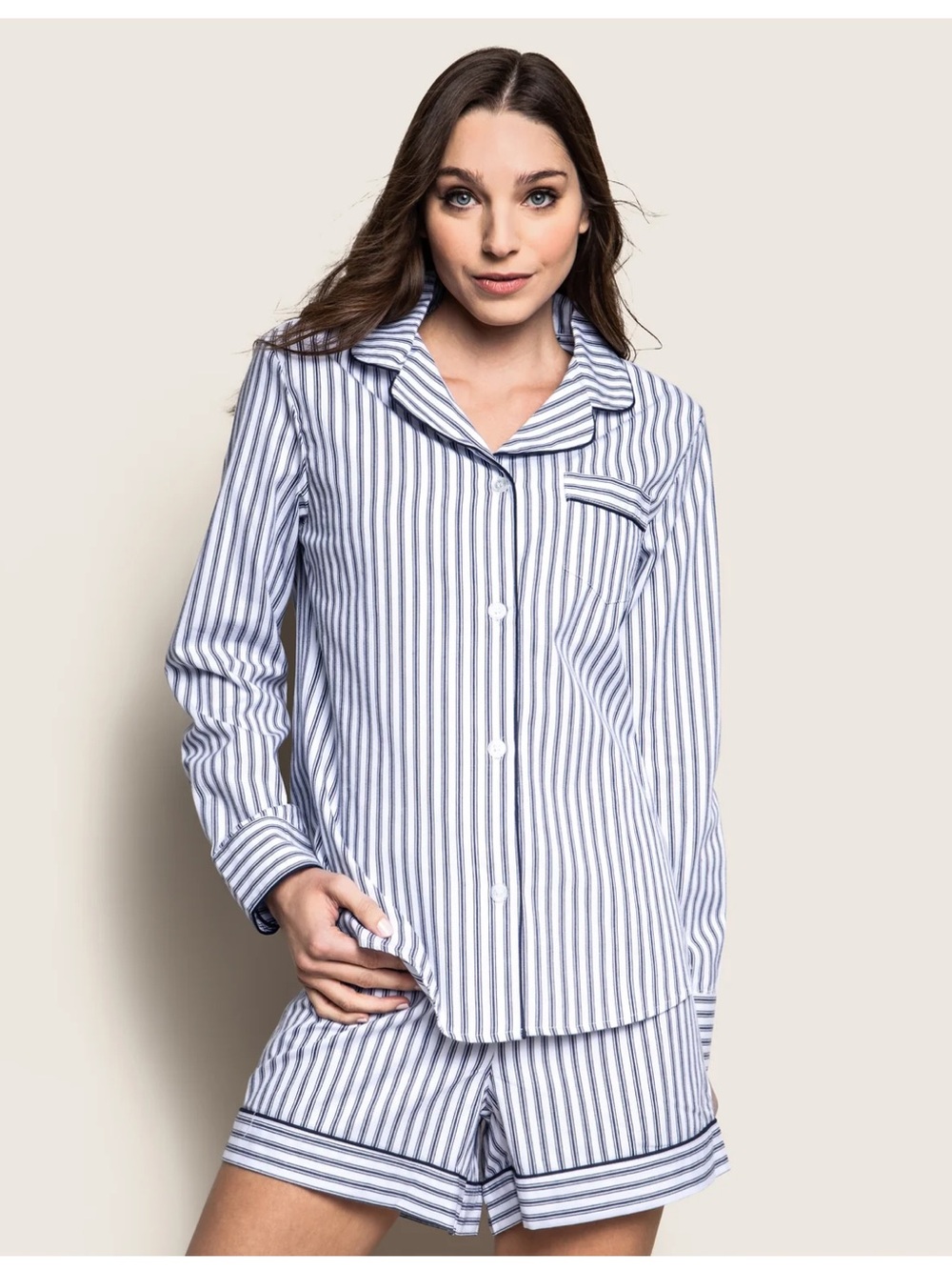 Petite Plume Women's Twill Pajama Long Sleeve Short Set in Navy French Ticking
